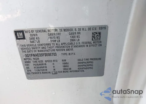 2015 Cadillac Srx Standard from USA, damaged, VIN 3GYFNAE35FS606703